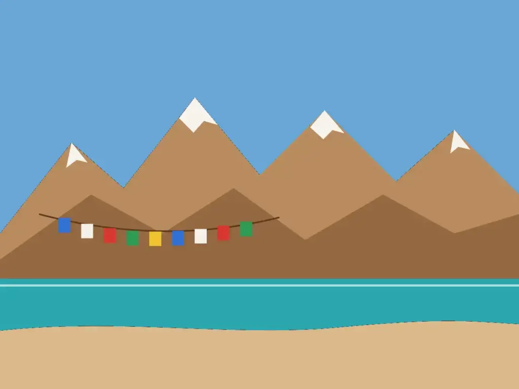 Illustration of barren high-altitude mountains above a turquoise lake with prayer flags (Ladakh placeholder)