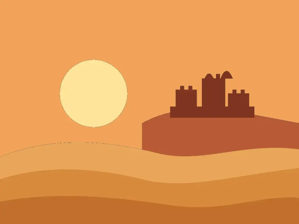 Illustration of a hilltop fort above golden desert dunes at sunset (Rajasthan placeholder)