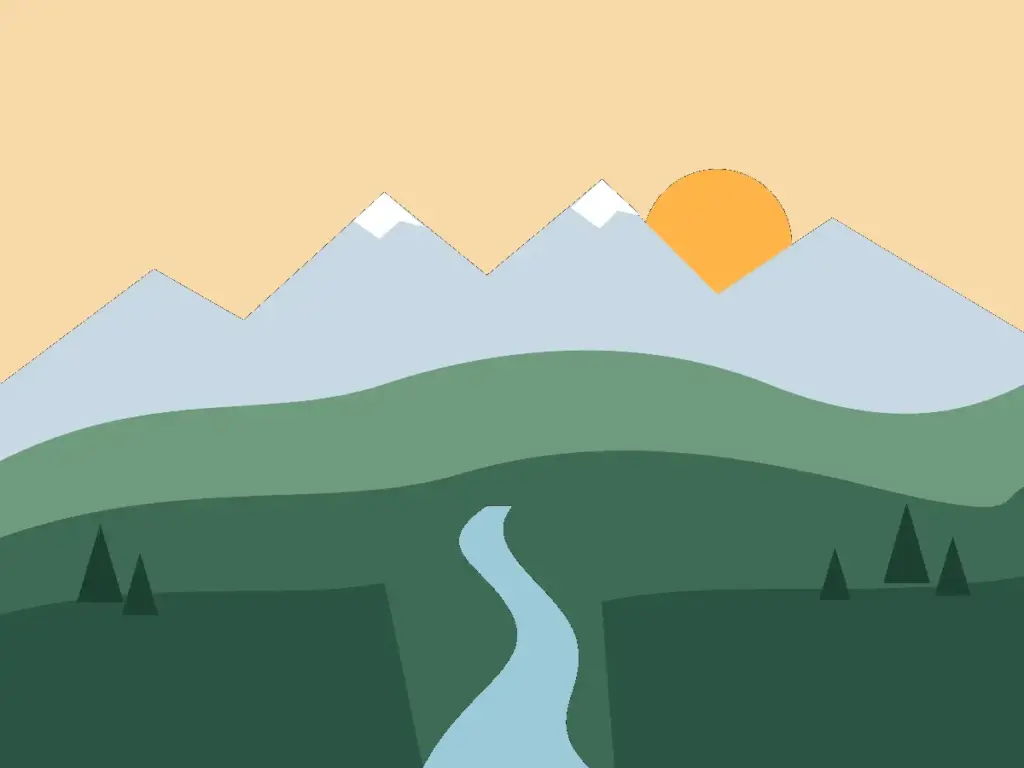 Illustration of green Himalayan hills and a winding river at dawn (Uttarakhand placeholder)